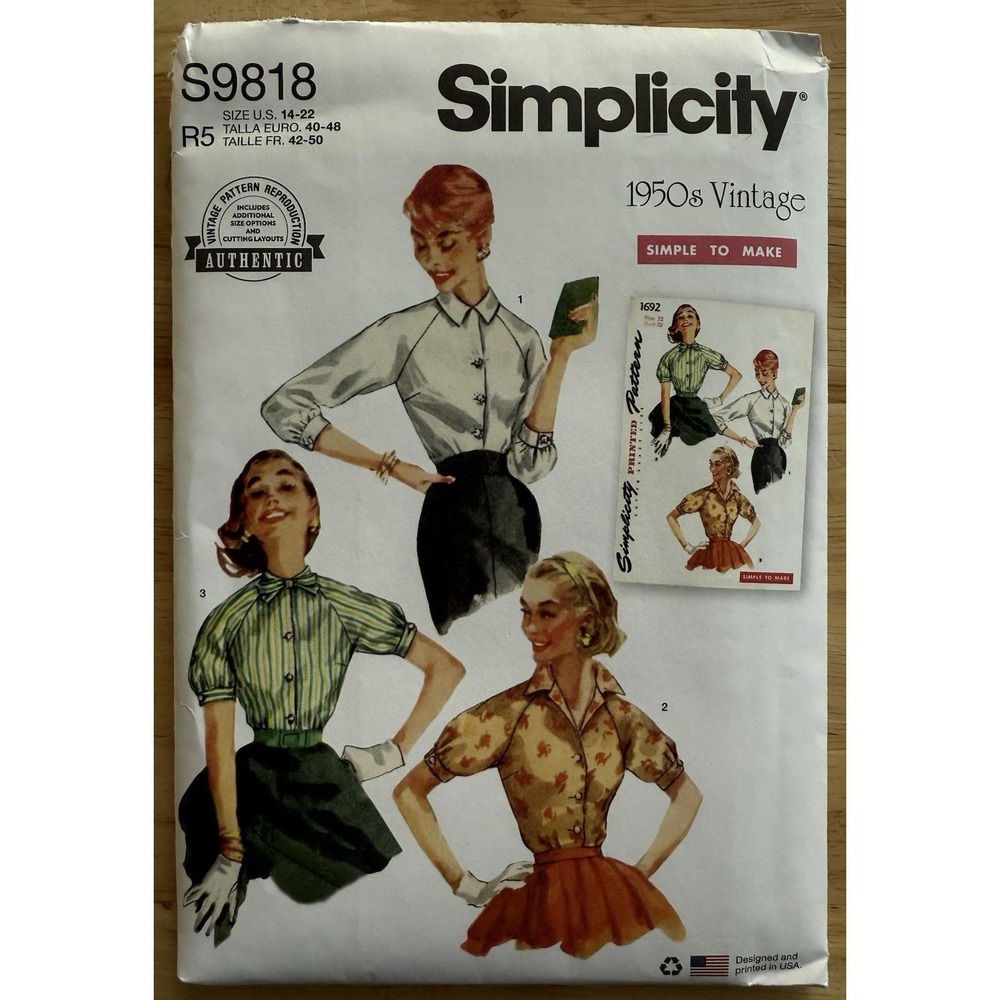 Simplicity 1950's VTG Reproduction Pattern S9818 Misses' Blouses Size 14-22 UC